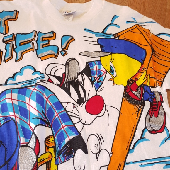 Looney Tunes Vintage 1995 AOP Sylvester Tweety Bird Cartoon Get A Life Tee Large - Picture 6 of 14